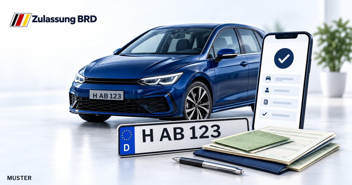 Online Fahrzeugzulassung in Ronnenberg: Musterkennzeichen H AB 123, Auto und Fahrzeugpapiere und Smartphone. Illustration mit Logo von Zulassung BRD.